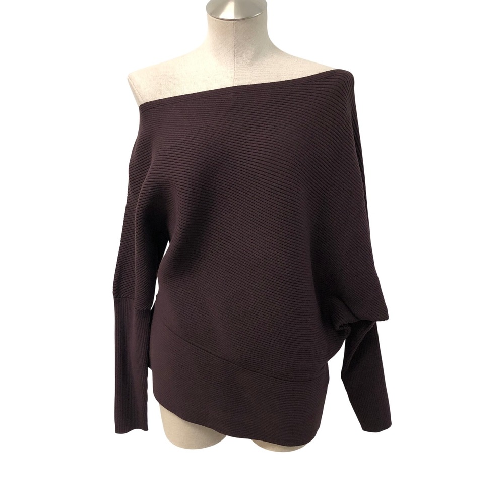 Reiss Lorna Sweater Womens Large Brown Off Shoulder Ribbed Batwing Knit